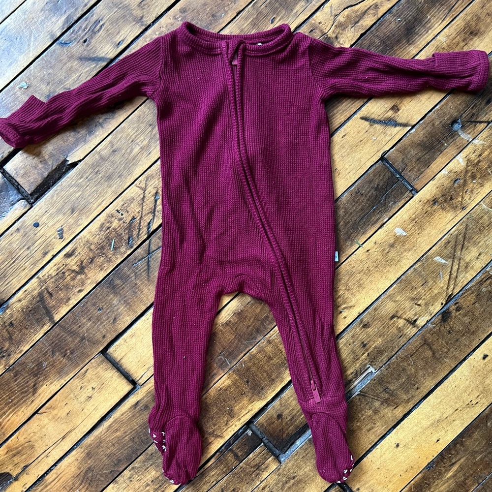 Red Ribbed Footie Zippered One Piece